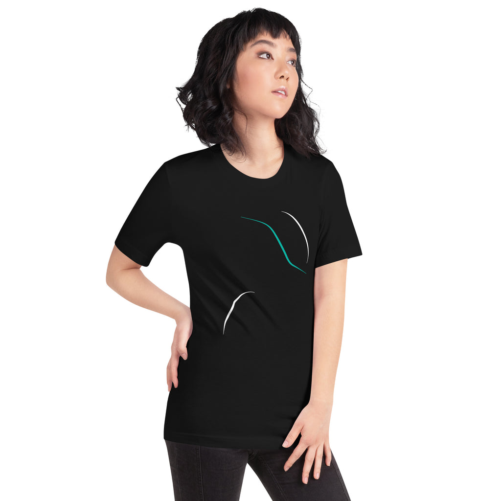 Woman wearing the Billions of Bots Tee, front right view