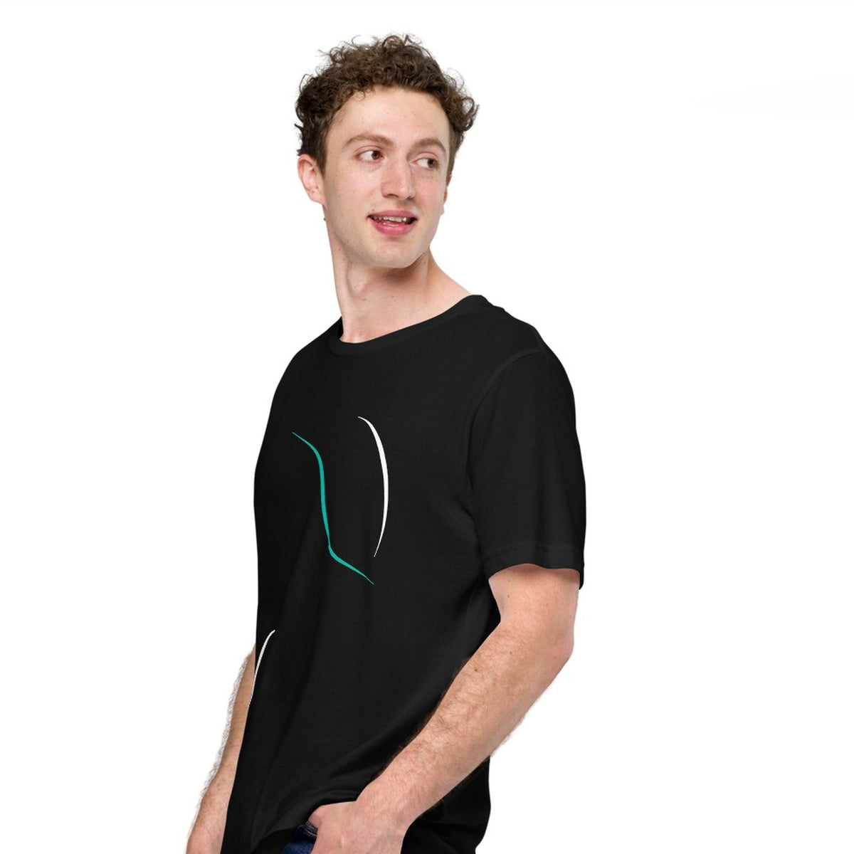 Man wearing the Billions of Bots Tee, front left view