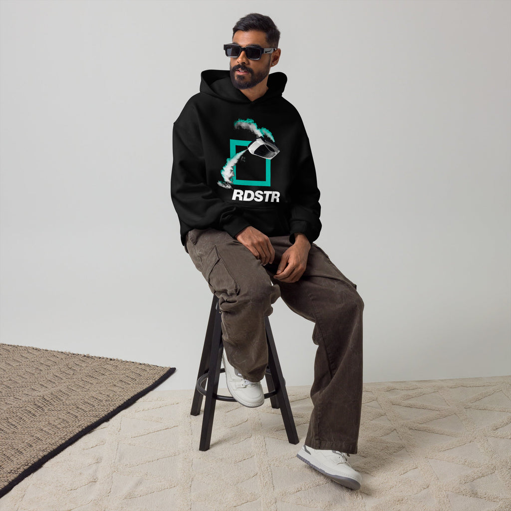 Flying RDSTR Premium Hoodie unisex hoodie, black, front, seated on stool