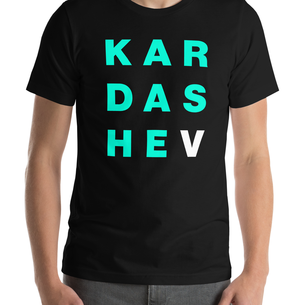 Man wearing the Kardashev Tee in black, front view