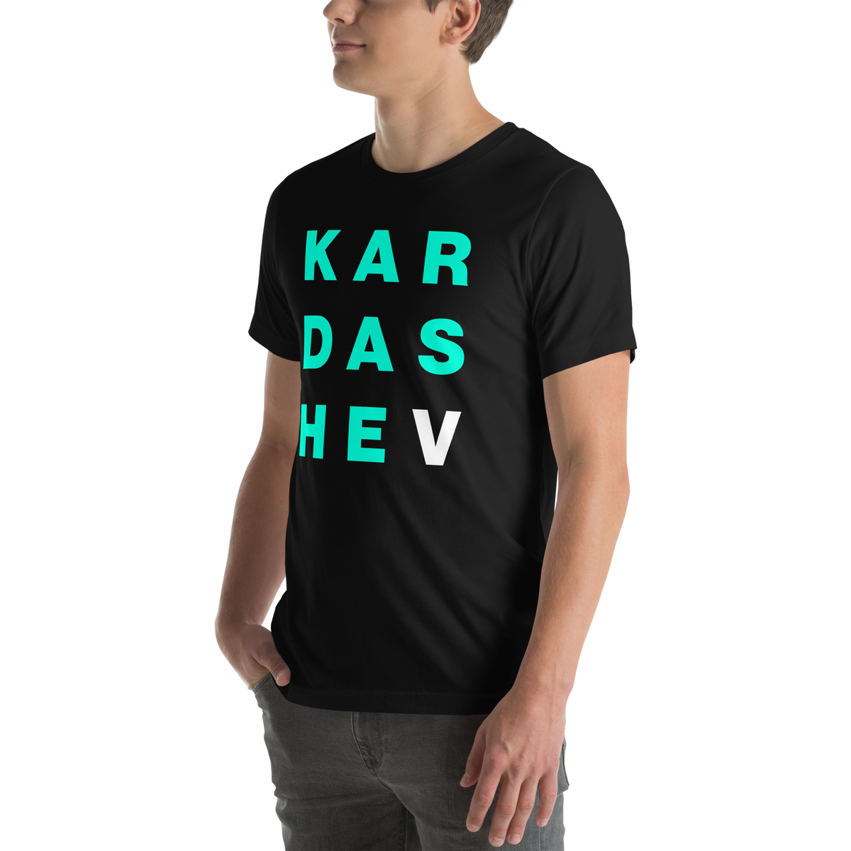 Man wearing the Kardashev Tee in black, left-front view