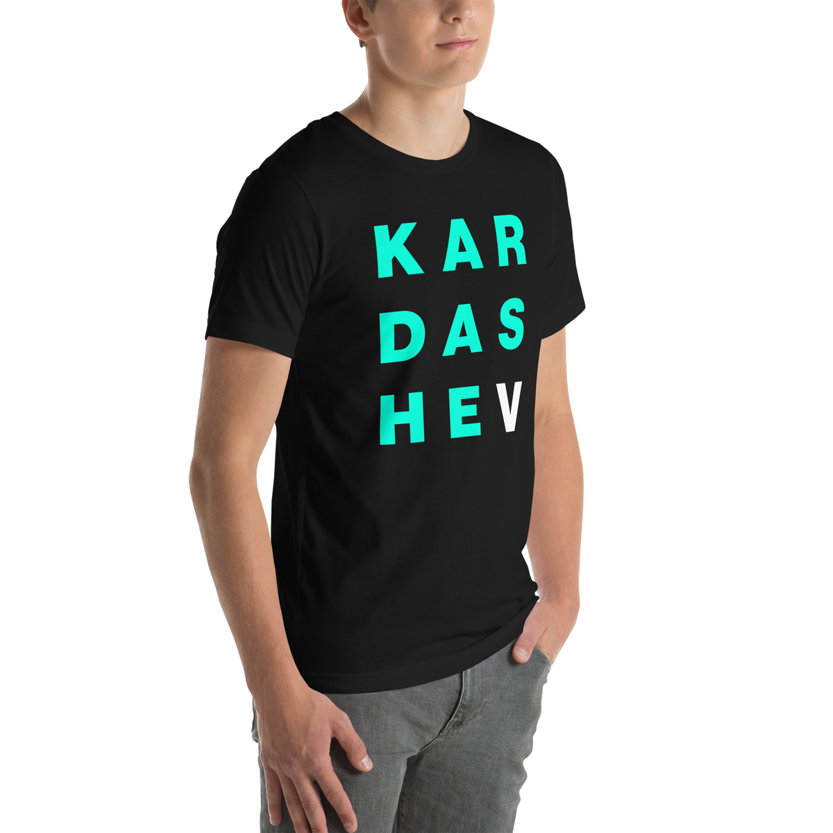 Man wearing the Kardashev Tee in black, right-front view