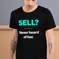 SELL? Never Heard of Her Tee, tattooed man front, close-up