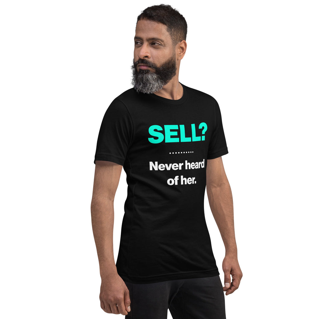 SELL? Never Heard of Her Tee, bearded man right-front