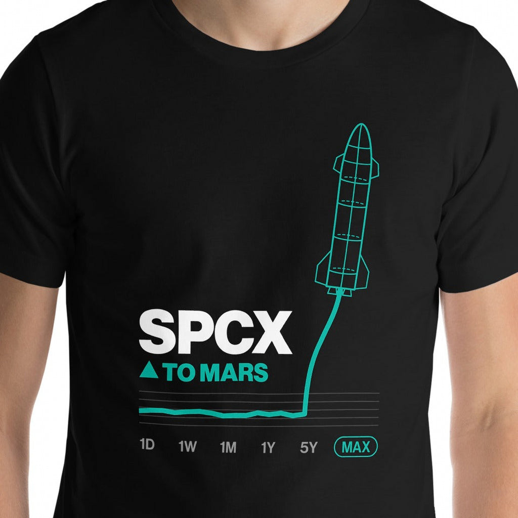 SPCX To Mars Tee on a male model, black, front close-up
