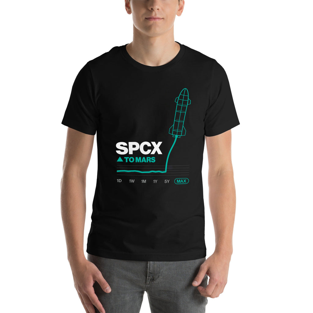SPCX To Mars Tee on a male model, black, front