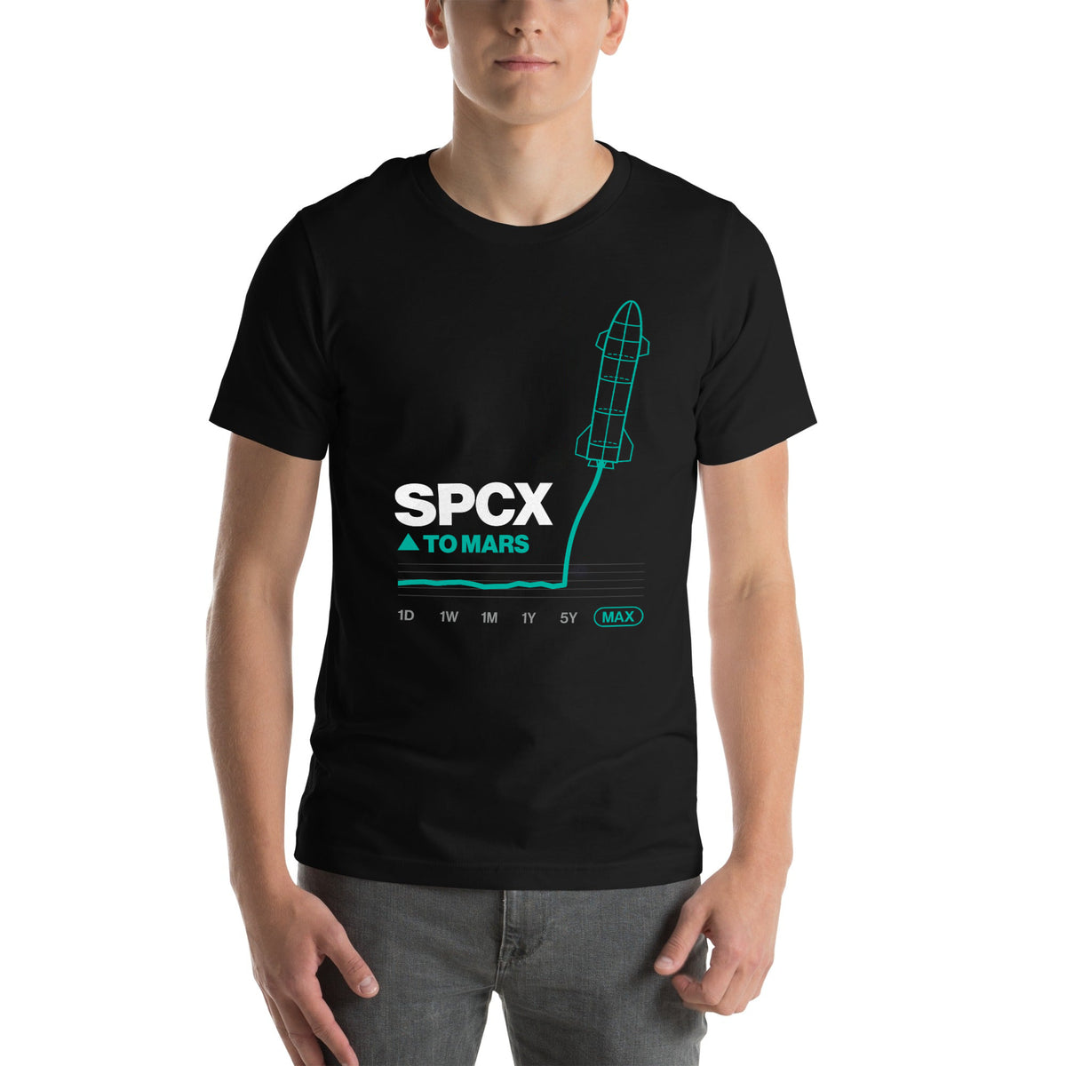 SPCX To Mars Tee on a male model, black, front