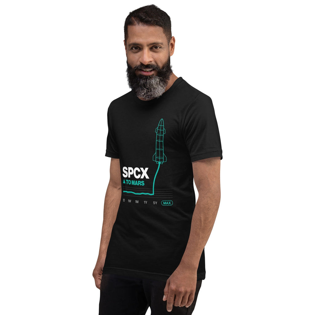 SPCX To Mars Tee on a bearded male model, black, left front