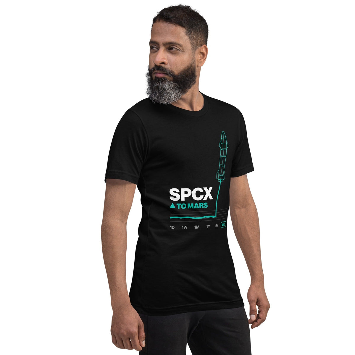 SPCX To Mars Tee on a bearded male model, black, right front