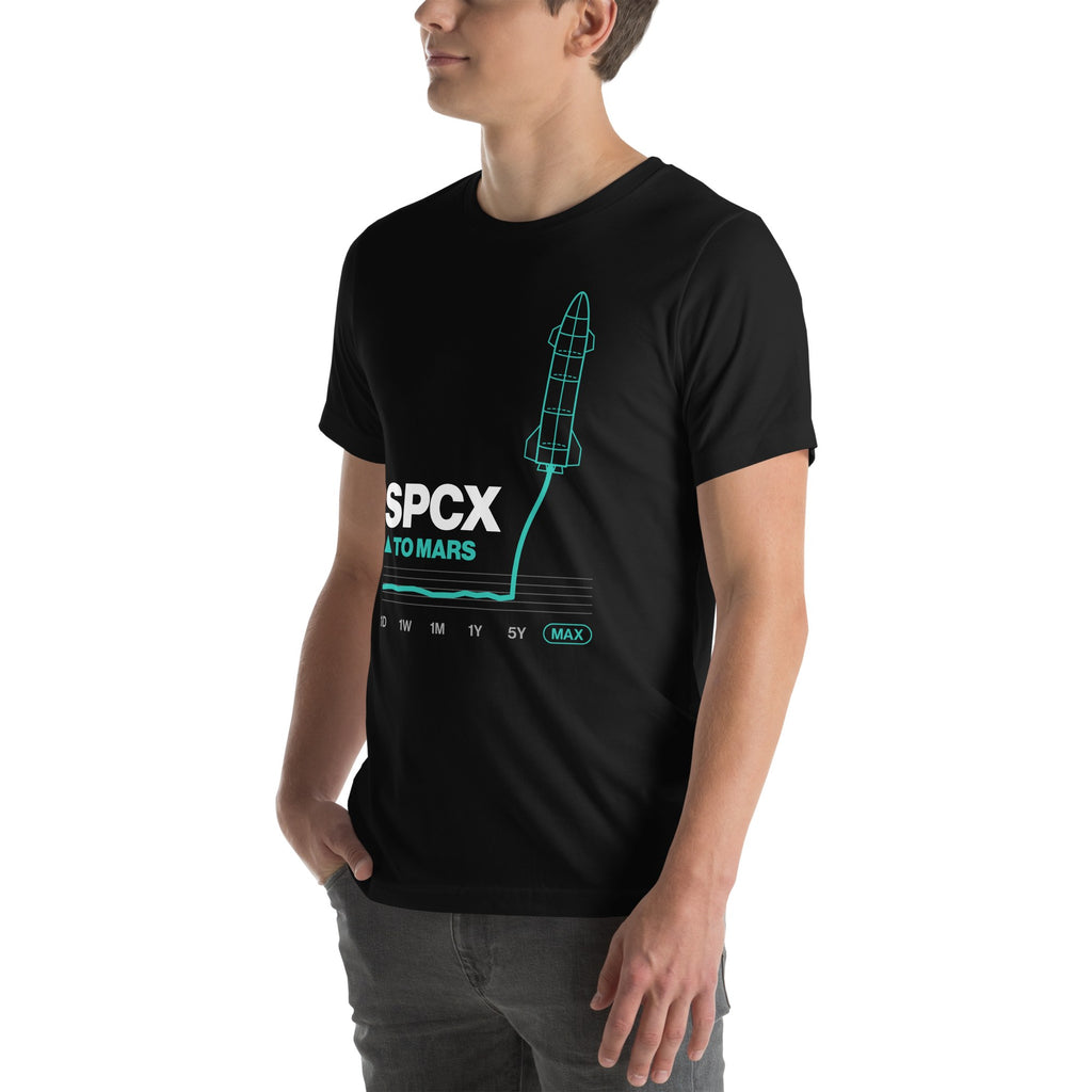 SPCX To Mars Tee on a male model, black, left front