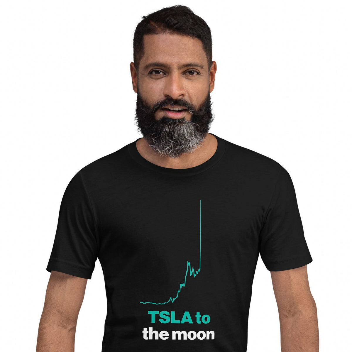 TSLA To The Moon Tee on a bearded male model, black, front