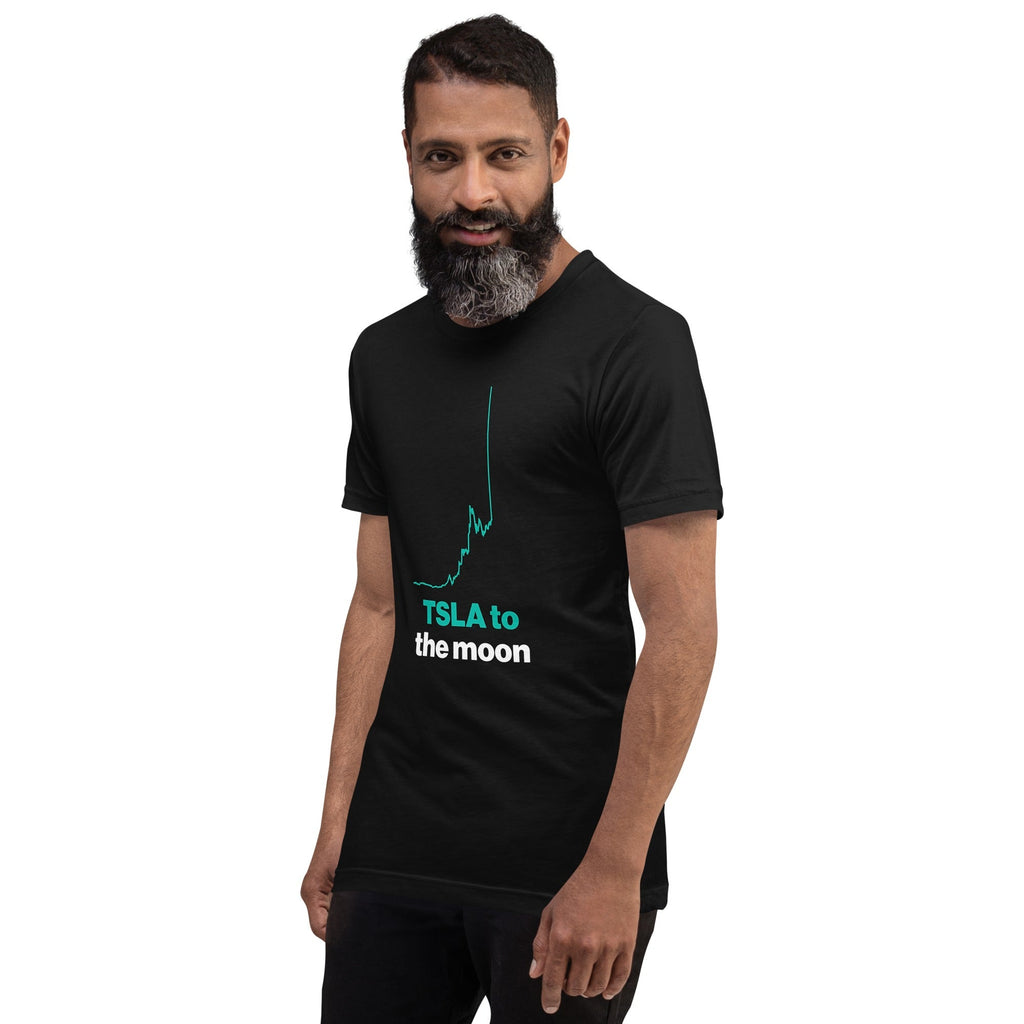 TSLA To The Moon Tee on a bearded male model, black, left front