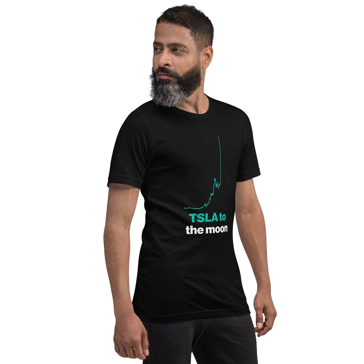 TSLA To The Moon Tee on a bearded male model, black, right front