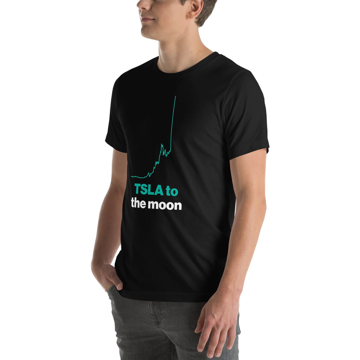 TSLA To The Moon Tee on a young male model, black, left front