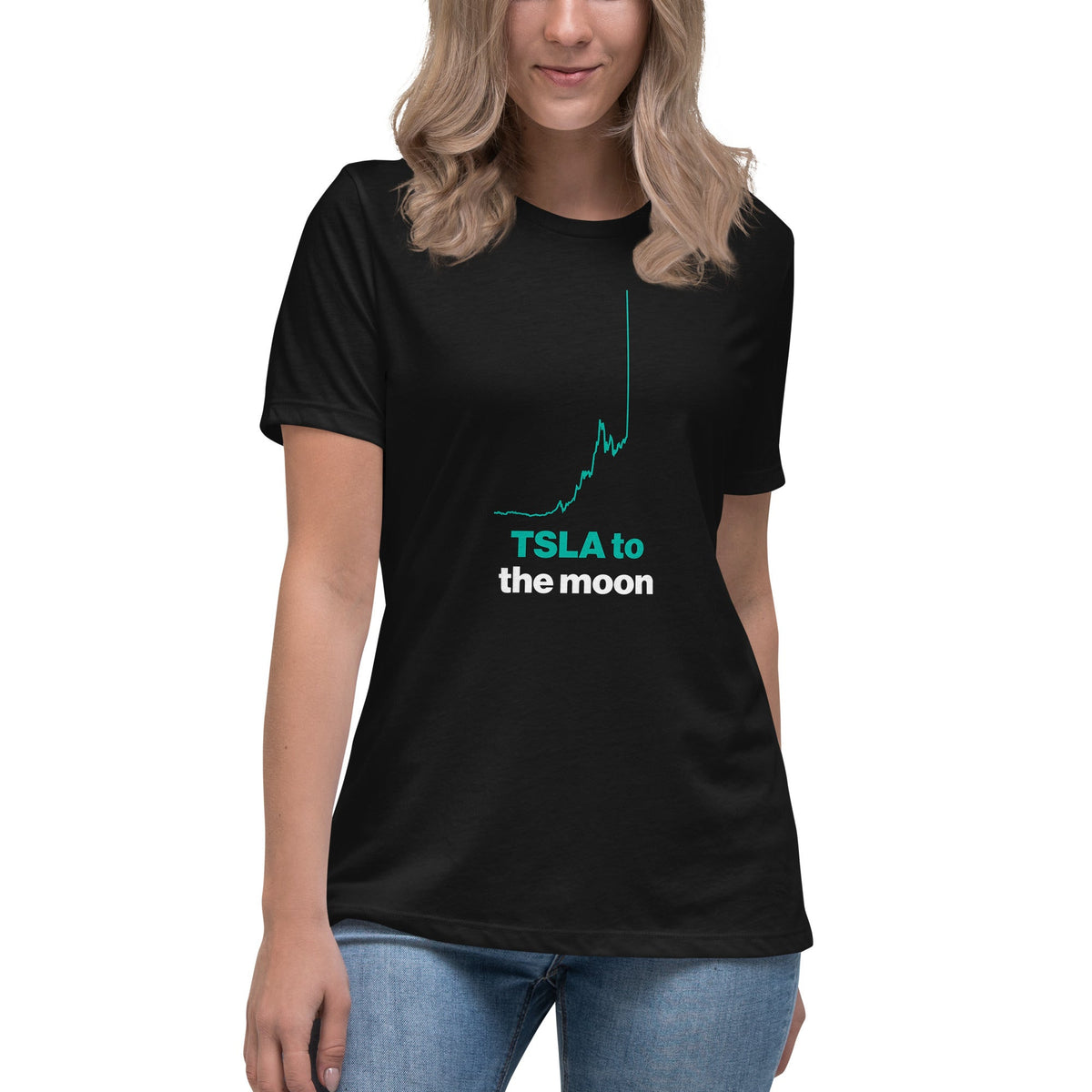 TSLA To The Moon Tee, women's relaxed fit, black, front